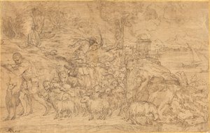 Hyrde, der spiller på fløjte og leder sin flok af Domenico Campagnola