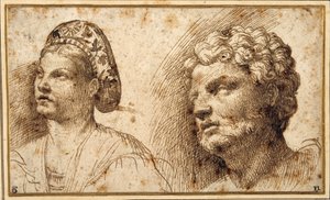Studie af hoved og skuldre på en ung kvinde iført balza og af hovedet på en skægget mand (pen og blæk på papir) af Domenico Campagnola