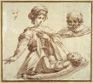 Den hellige familie (pen og blæk på papir) af Domenico Campagnola