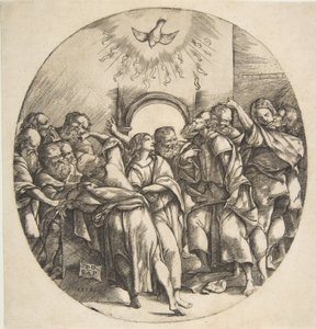 Helligånden som en fugl, der stiger ned med spredte vinger øverst i midten, de tolv apostle ..., 1518.
