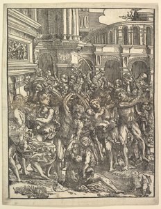 The Massacre of the Innocents Højre side med en gruppe af mandlige skikkelser, der angriber kvinder og ..., 1517. af Domenico Campagnola