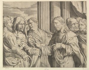 Hyldestpengene: Kristus i midten til højre og gestikulerer til manden til venstre med mønter ..., ca. 1564-89. af Domenico Campagnola