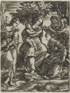 Jomfru og barn med hellige af Domenico Campagnola