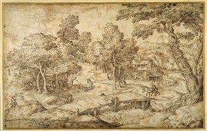 Skovklædt landskab med en bondegård og en træbro over en sluse (pen og brunt blæk på papir) af Domenico Campagnola
