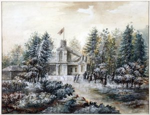 Pavillon de chasse Crack, et Pavlovsk - Krak hus i Pavlovsk - Domenico Felice Lamoni (1745-1830). Akvarel og hvid farve på papir, efter 1778. Statsmuseum for Sankt Petersborgs historie