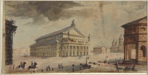 Det kejserlige Bolshoi Kamenny-teater i Sankt Petersborg - Domenico Felice Lamoni (1745-1830). Akvarel og hvid farve på papir, før 1783. Statens Museum for Sankt Petersborgs Historie