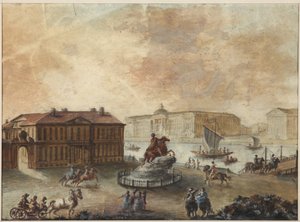 Rytterstatuen af Peter den Store på Senatspladsen (place de Senat, place des decembristes ouplace de Pierre) - Domenico Felice Lamoni (1745-1830). Akvarel og hvid farve på papir, efter 1782. Statens Museum for Sankt Petersborgs Historie