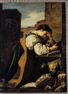 Melancholia En trist ung kvinde bøjer sig over et kraniehoved, en armillær kugle bag hende. Maleri (Vanity) af Domenico Feti (1589-1624) søn. 1,71x1,28 m. af Domenico Feti
