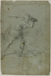 David halshugger Goliat (rekto); Skitse af draperet kvindefigur med højre arm hævet over hovedet (verso)