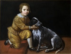Portræt af en dreng med en hund.
