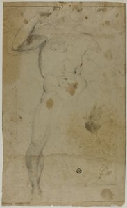 Stående nøgen mand (recto); To halvlange mandsfigurer, den ene med løftet arm, den anden beder (verso)