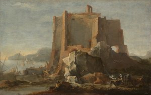 Landskab med klippe og fæstning, ca. 164050. af Domenico Gargiulo