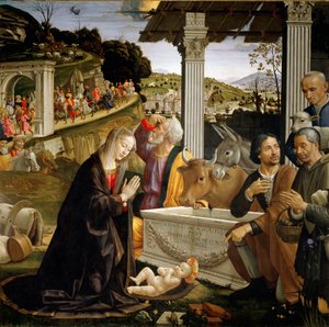 Tilbedelse af hyrderne Maleri af Domenico Ghirlandaio (1449-1494) 1483-1485 Søn. 167x167 cm Capella Sassetti, Santa Trinita, Firenze