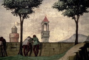 Mænd, der kigger over en mur, fra visitationen af Domenico Ghirlandaio