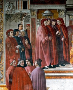 Annonceringen i Zechariah (Zaccharia) Nedenfor til venstre er tænkere og intellektuelle Marsile Ficin (Ficino), Cristoforo Landino, Angelo Poliziano og Demetrios Chalkondyles (Calcondila). Detalje. Fresco af Domenico di Tommaso Bigordi dit Ghirlandaio (14 af Domenico Ghirlandaio