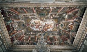 Tilbuddet til Jupiter om nøglerne til Janus-templet (eller fredsallegori), loftet på det ædle gulv, ca. 1665 (fresco)