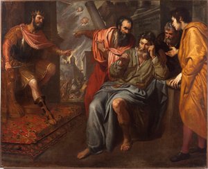 Mediis tranquillus in undis eller "" Den græske filosof Anaxarchus af Abderes uforstyrrethed (4. århundrede f.Kr.)""" Han var en ledsager af Alexander den Stores repræsentant på venstrefløjen. Maleri af Domenico Fiasella af Kongen (1589-1669) 1630-1