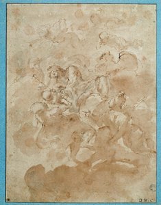 Jupiter overlader Bacchus til Mercure Drawing med brun vask og blod af Domenico Canuti (1620-1684) Paris. Louvre-museet