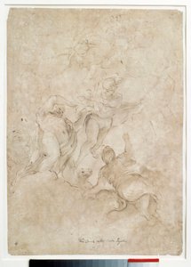 Jupiter overlader Bacchus til Mercure Drawing med brun vask og blod af Domenico Canuti (1620-1684) Paris. Louvre-museet