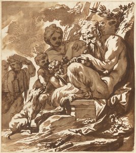 En Satyr, der underholder sin familie af Domenico Piola