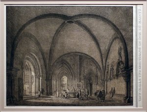 Domenico quaglio II, døbefont og kloster i Mainz domkirke, fra samlingen af mindeværdige middelalderlige bygninger i Tyskland, 1823, litografi af Domenico Quaglio the Younger
