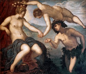 Bacchus, Venus og Ariane Maleri af Tintoretto eller Tintoret (Jacopo Robusti) (1518-1594) 1577-1580 Søn. 146x167 cm Flise af anticollege, Dogepaladset, Venedig