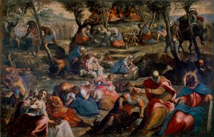 The Recolation of Manna (Jøder i ørkenen) Scene i Det Gamle Testamente: Gud fodrer israelitter, der ville dø af sult efter vagtelæg og manna (Manna). Til højre, Aron og Moses. Maleri af Jacopo Robusti dit Tintoretto (Tintoret) (1518-1594) 1592