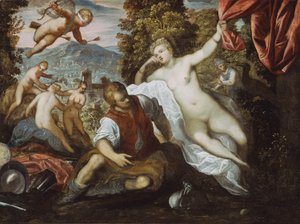 Venus og Mars med Amor og de tre nåder i et landskab af Domenico Robusti Tintoretto