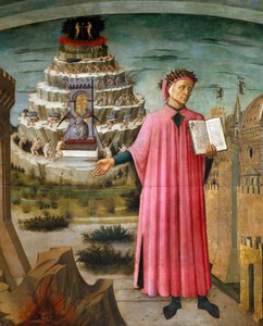 Dante Alighieri holder sit digt den guddommelige komedie. I nærheden af ham, helvede, og byen Firenze, i baggrunden skærsilden og paradiset