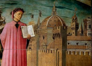 Dante Alighieri præsenterer sit værk The Divine Comedy. Detalje af digteren og kuppelen af Santa Maria del Fiore, Firenze