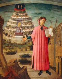 Dante Alighieri med guddommelig komedie i hånden og skærsildsbjerge i baggrunden, detaljer fra guddommelig komedie, af Dante Alighieri (1265-1321), af Domenico di Michelino (1417-1491), fresko, Basilica of Saint Mary of Flower, Firenze. Italien, 1465