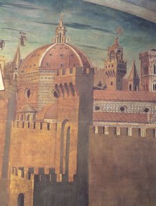 Detalje, der forestiller Firenze-katedralen, fra en fresko af Dante med Divina Commedia i nordskibet, 1465 fresko-detalje af 42355 af Domenico di Michelino