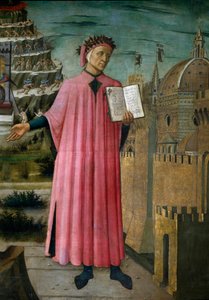 Den italienske digter Dante Alighieri (1265-1321) præsenterer sit værk La divine comedie ”(Den guddommelige komedie)” ”. Detalje. Fresco af Domenico di Michelino (1417-1491), Cathedrale Santa Maria del Fiore, Firenze. (Duomo, Firenze) Italien