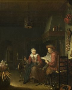 Interiør med en mand der læser og en kvinde der spinder garn af Domenicus van Tol