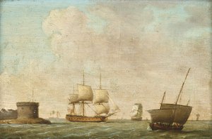 Fregat passerer en overfyldt lugger af Dominic (attributed to) Serres