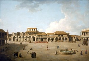 Havana Square (Cuba), august og september 1762, under britisk besættelse med en gruppe soldater i røde uniformer, beskrivelse af bygningerne og nogle engelske sømænd nær springvandet af Dominic Serres