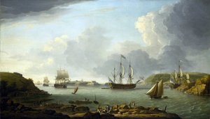 En flåde vender tilbage til Plymouth (England), beskrivelse af byen og bugten, inklusive Drake Island og Edgcumbe Mountain. Olie på lærred af Dominic Serres