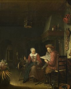 Interiør med en mand, der læser, og en kvinde, der spinder garn af Dominicus van Tol