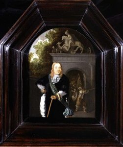 Portræt af kaptajn Jacobus Van Der Burgh stående foran Doeler Poort, Leiden af Dominicus van Tol