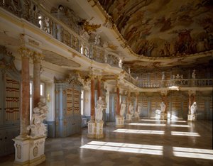 Udsigt over bibliotekslokalet i Schussenried-klosteret udført af arkitekten Domenikus Zimmermann (1685-1766) 1700-tallets Schussenried, Tyskland af Dominikus Zimmermann