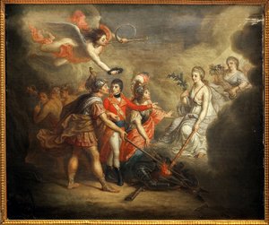 Amiens fred. Traite underskrev den 25. marts 1802 mellem Det Forenede Kongerige og dets allierede Det Osmanniske Rige på den ene side og Frankrig, Spanien og Holland på den anden side. Maleriet forestiller Napoleon I Bonaparte, kronet af en engel, der blæs