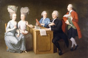 Et gruppeportræt af Monsieur Le Roy med hans to døtre og to sønner, siddende i fuld længde ved et bord, 1779