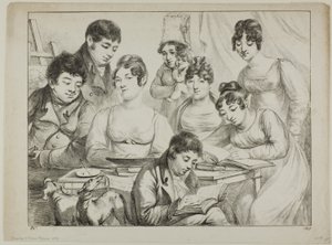 Samtale, en familietegning og læsning, sygeplejersken, der holder et spædbarn, et portræt af prins Edmond de Beauvau bag en stol og portrætter af madame Lavallée og madame Vallory, begge siddende af Dominique Vivant Denon