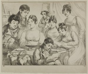 Samtale, en familietegning og læsning, sygeplejersken, der holder et spædbarn, et portræt af prins Edmond de Beauvau bag en stol og portrætter af madame Lavallée og madame Vallory, begge siddende af Dominique Vivant Denon