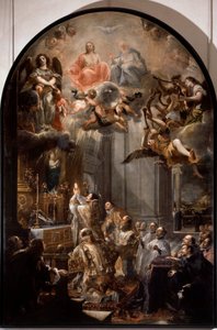 Grundmesse for Treenighedsordenen Den religiøse Treenighedsorden (eller den allerhelligste treenighedsorden) blev grundlagt af Johannes af Matha (1154-1213). Maleri af Juan Carreno de Miranda (1614-1683) søn. 5x3,1 m