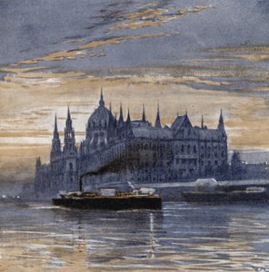 Buda-pest og dets parlamentshus (farve litho) af Donald (after) Maxwell