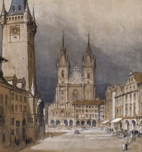 Prag og dets rådhus (farve litho)