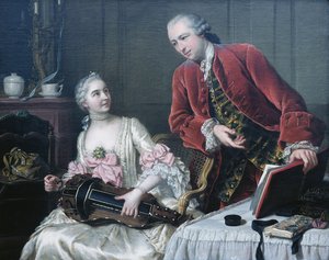 Portræt af Monsieur og Madame de Corcelles, der spiller musik i et interiør
