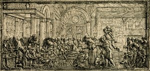 Miraklet med den grådige mands hjerte, Sankt Antonius-alteret, bronzerelief af Donatello, Sankt Antonius-basilikaen i Padua, Padua, Veneto, Italien, træsnit fra Le cento citta d