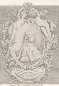 Portræt af Giovanni Girolamo Sbaraglia, inden for en oval flankeret af to putti på overflødighedshorn..., 1716.